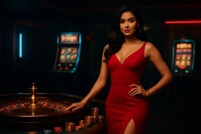Elegant woman in red dress standing by roulette and slot machines with neon lights, gold coins, and poker chips in a luxury Bangladeshi casino